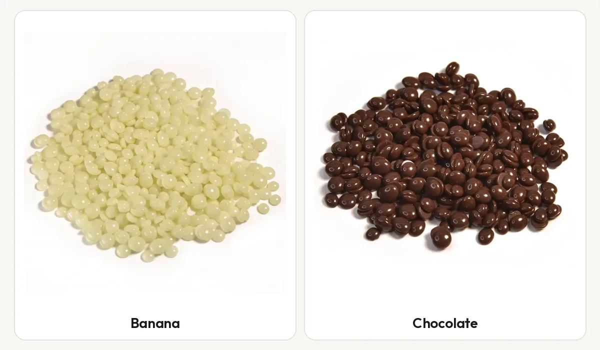 Close-up of banana and chocolate hard wax beads