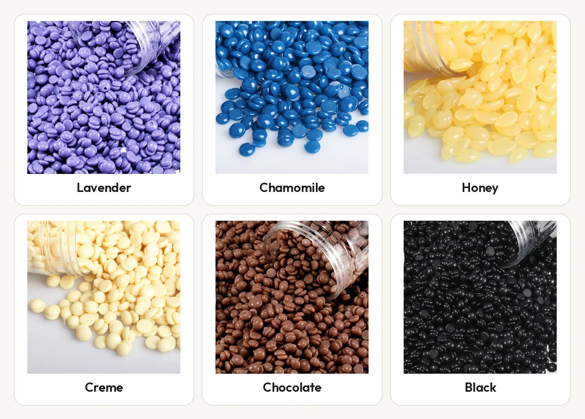 Close-up of lavender, chamomile, honey, creme, chocolate and black hard wax beans