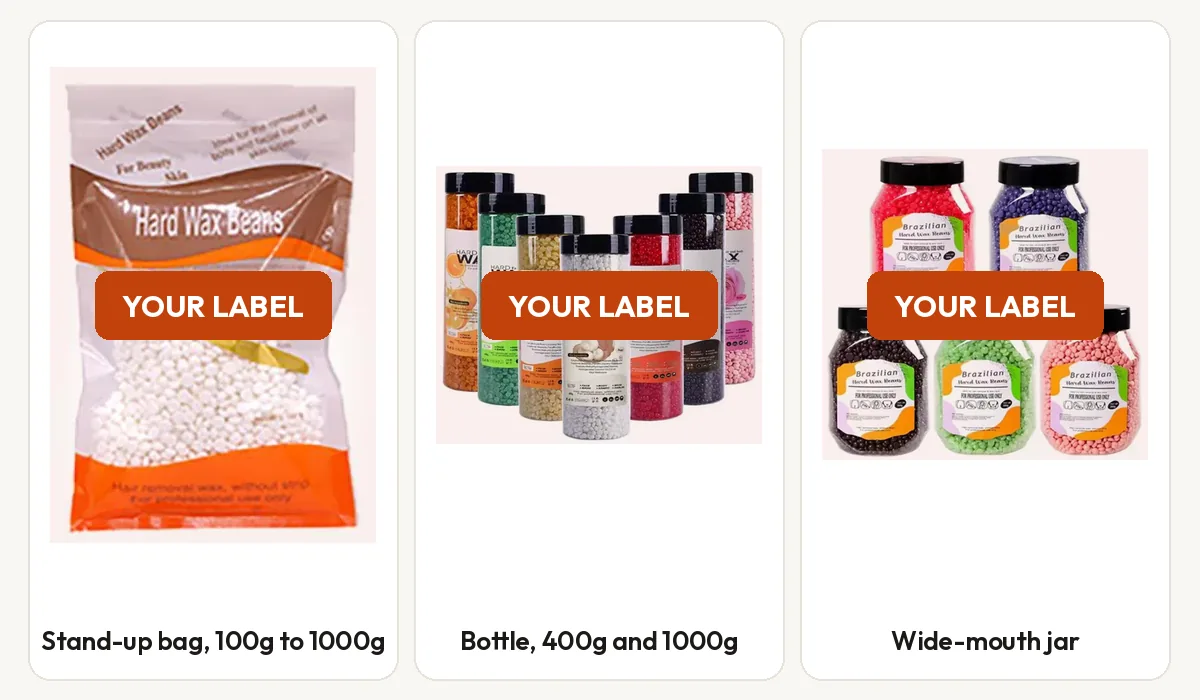 Diagram of a stand-up bag, a bottle and a wide-mouth jar with a label placement marker on each